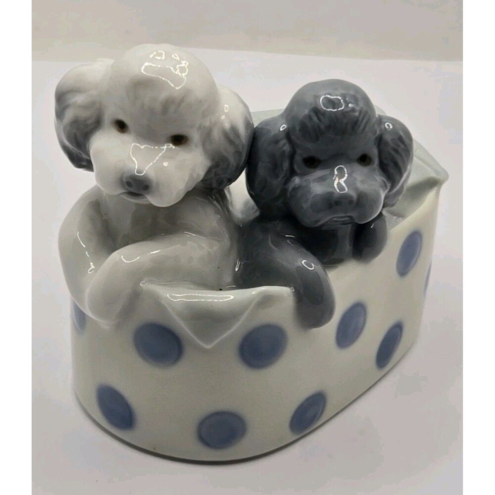 LLADRO NAO "Poodles and Dots" Puppies In A Basket With Dots Retired No Box